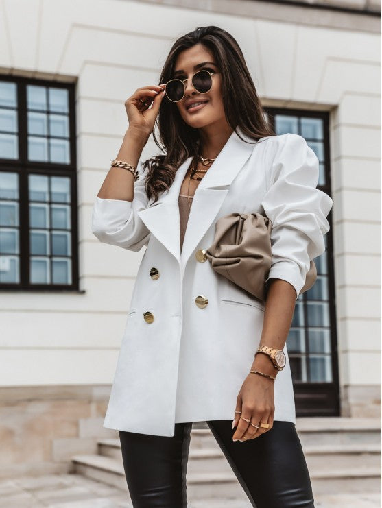 Double Breasted Blazer Fashion Casual Lapel Jacket Commuting Office Suit Jacket For Women Button Tops
